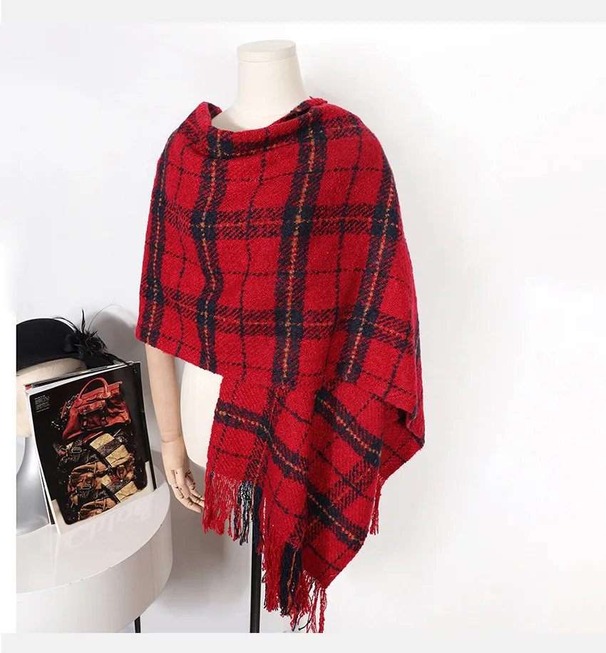 Custom Black Red Plaid Mohair Scarf for Women Checked Chevron Shawl Wrap Thick Winter Red Stripes Scarf with Tassels
