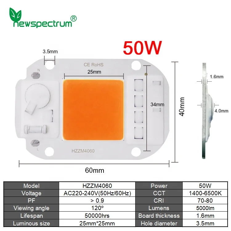 F6040 driverless AC cob LED free driver integrated 20W 30W 50w full spectrum led light chip cob 380nm~840nm COB LED