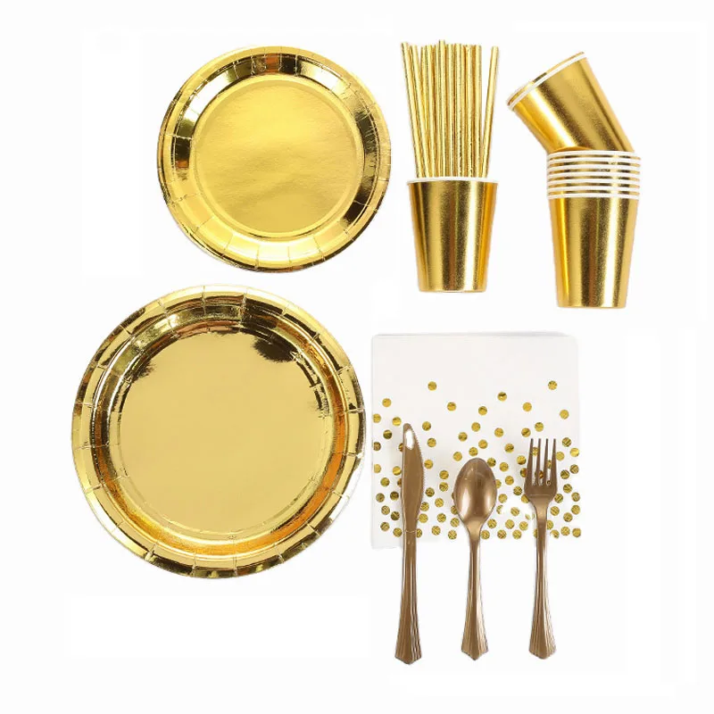 Gold  Party Supplies Tableware Foil Plate Napkin Flatware Cups for Wedding  Birthday Service for The production of wholesale