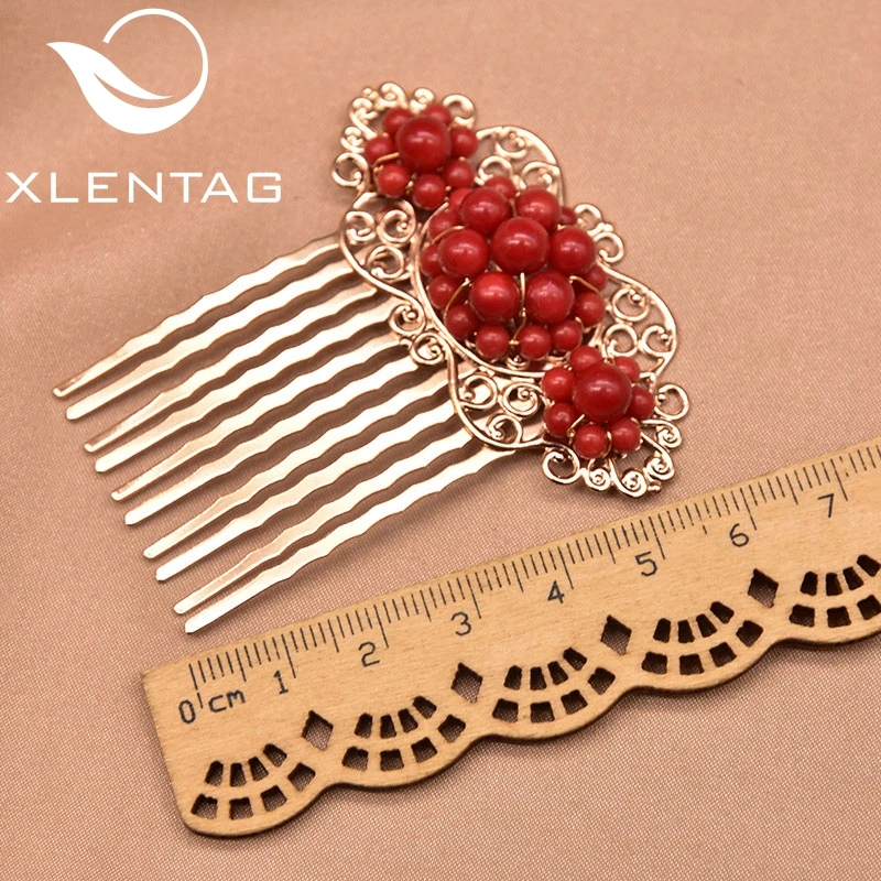Natural Round Coral Hair Clip Wedding Bridal Jewelry 18k Gold Vintage Hair Accessori For Woman