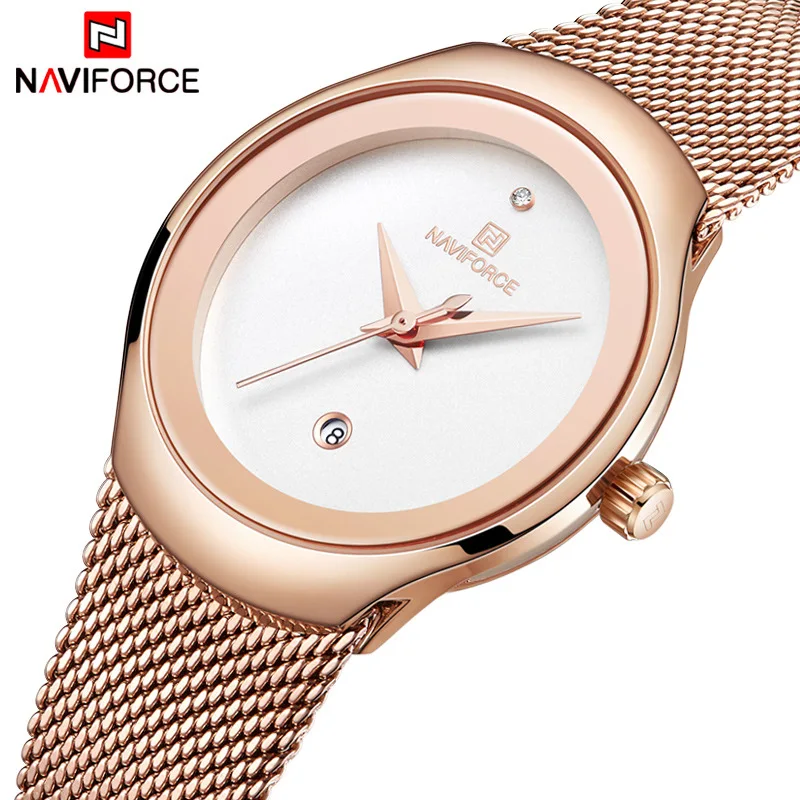 Naviforce 5004 Korean Women Watches Simple Hour Clock Steel Mesh Quartz Digital Watches calendar waterproof Ladies Watches