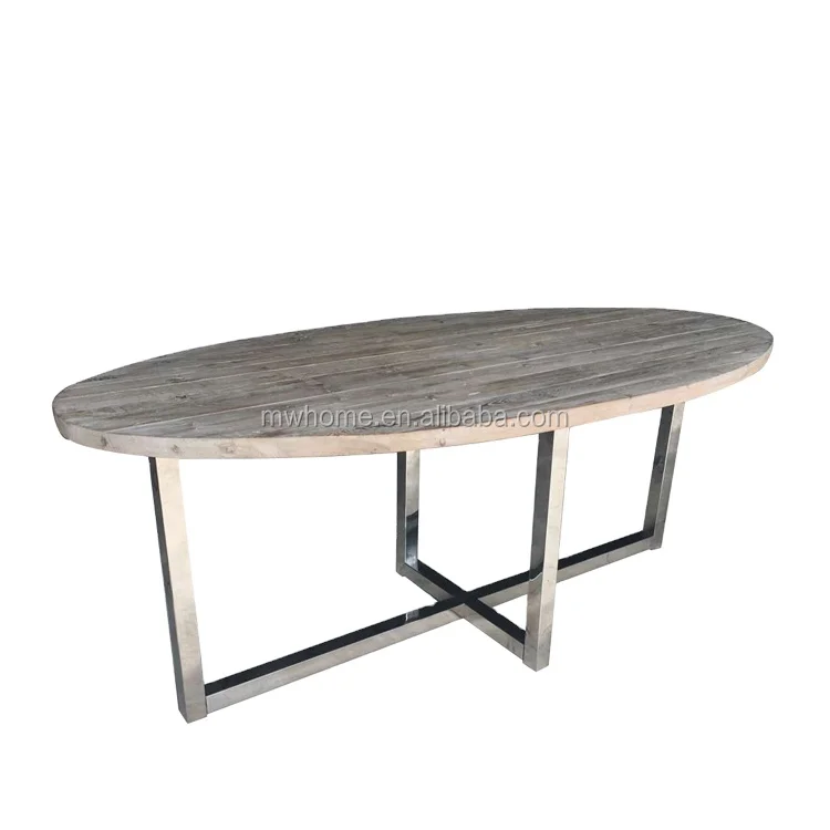 MRS WOODS Reclaimed elm wood top stainless steel cross legs oval dining table