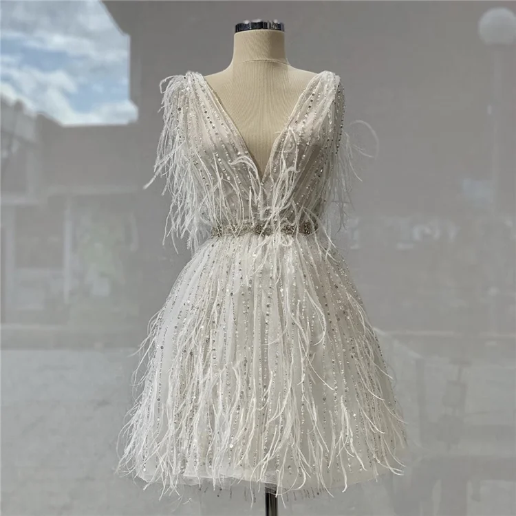
2020 knee length v neck feather a line white cocktail sexy short evening dress 