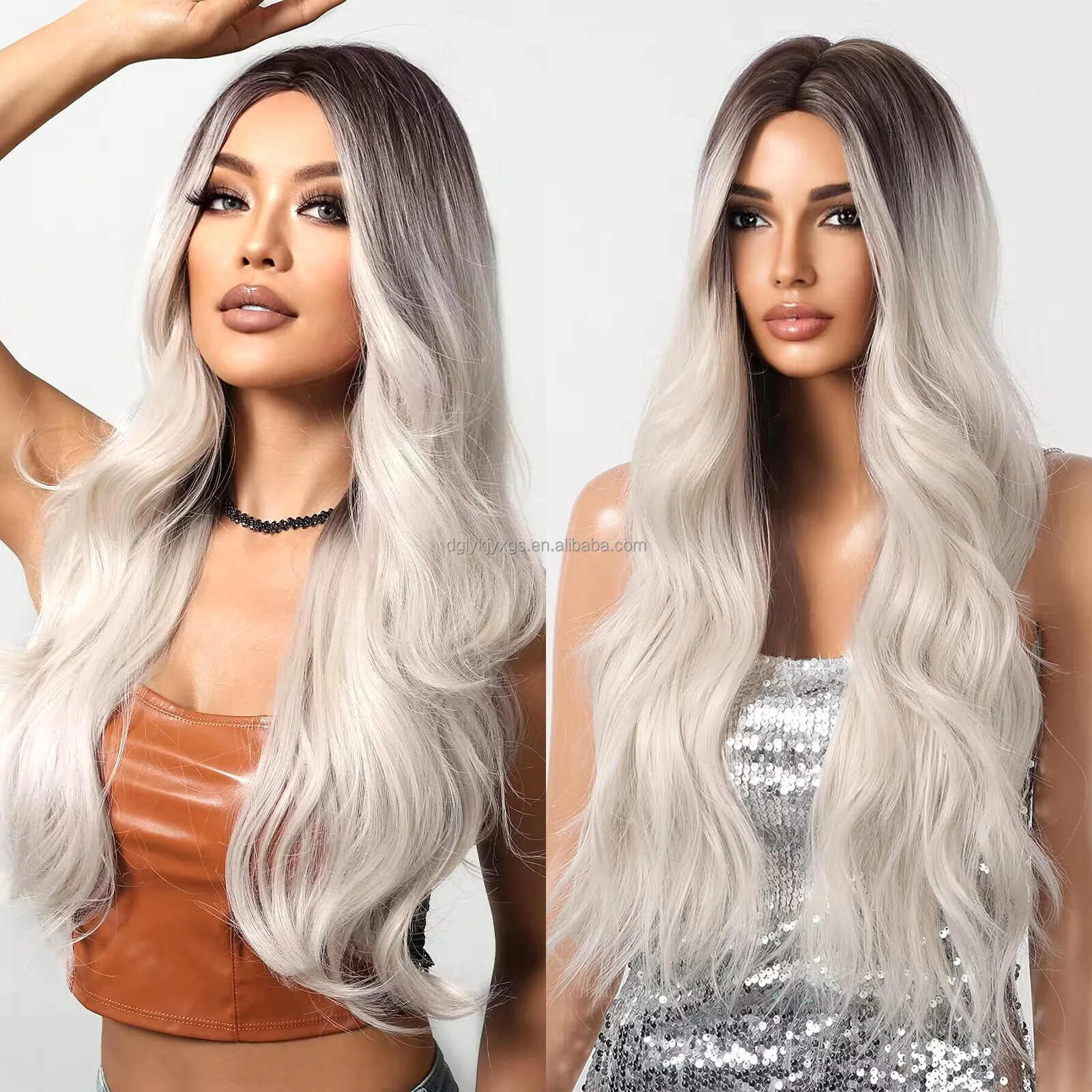 Wholesale new style Synthetic Hair Wig 26-Inches long curly Wigs Ombre White gold None Lace  halve water wave wig for women hair