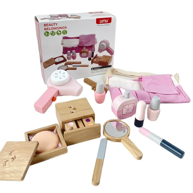 High quality 12Pcs Wooden Beauty Salon Pretend Makeup Toy Role Play Cosmetics Toy Simulation Beauty Accessories for Kids Gifts