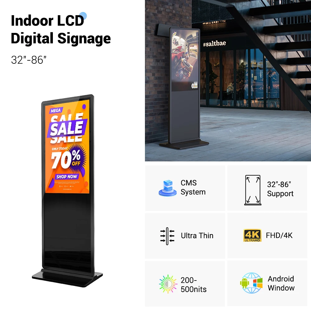 MWE Stock 500 nit Brightness 55 65 inch Support Touch Android Floor Standing Lcd Digital Signage Indoor Advertising Display