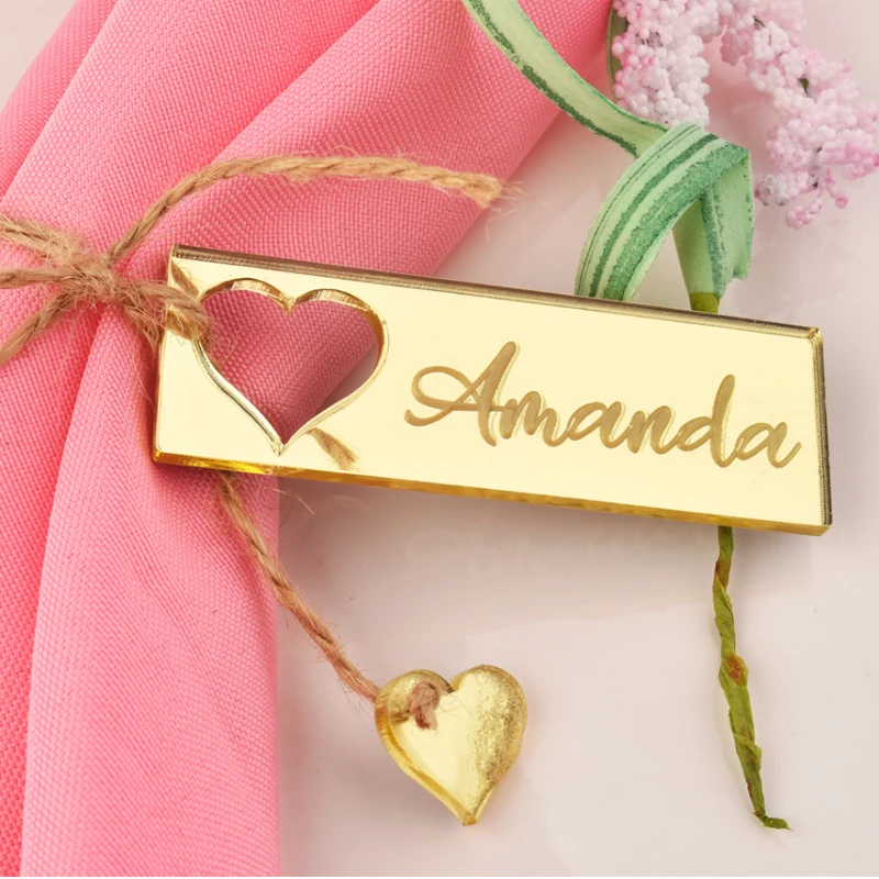 Wedding Party Table Decor Personalized Engraved Luxury Gold Silver Acrylic Mirror Napkin Ring