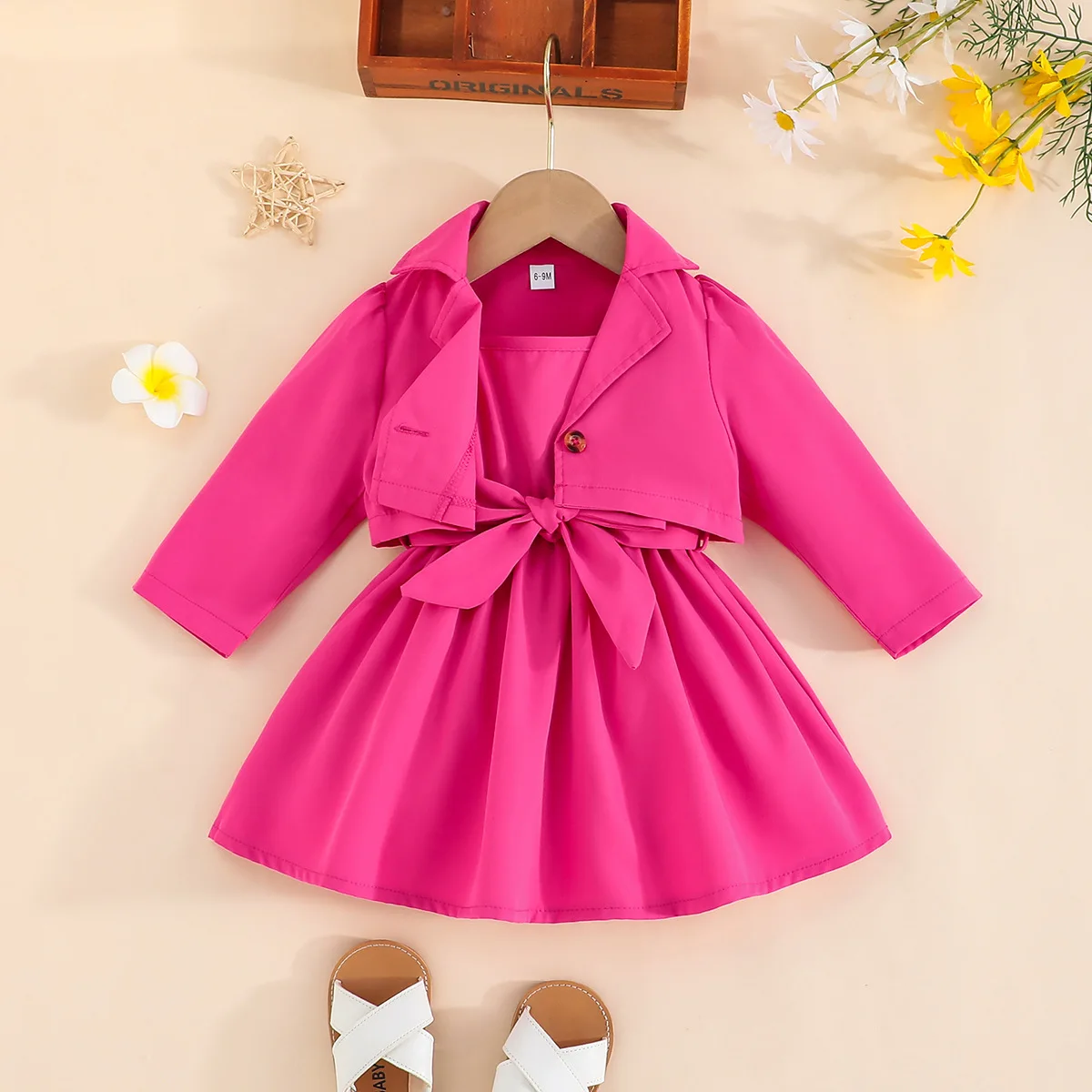 31539 2023 New Arrival Toddler Girls Clothing Sets Sleeveless One-piece Girls Dresses+lapel Coat Solid Children Outfits Clothes