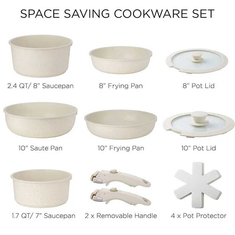 Nonstick Cookware Detachable/Removable Handle 10pcs Kitchen Induction Aluminium Granite Pots and Pans Set Oven Safe