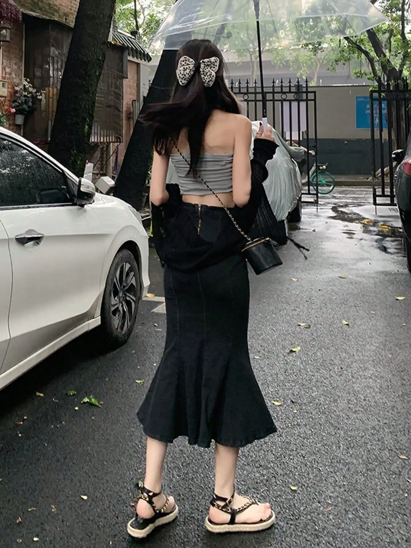 Free Sample Women High Waisted Slimming Jean Skirt Black Long Irregular Half-Body Fishtail Front Side Slit Jean Denim Skirt