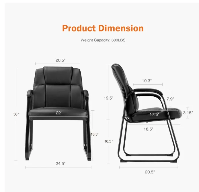 Office Chair 400lbs Leather Reception Chair with Bonded Padded Armrest Wide Seat Sled Base Office Chair-Black