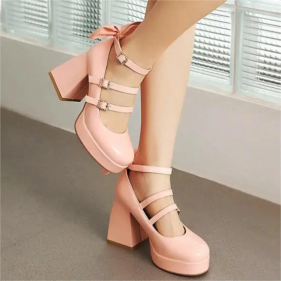Zapatos de Mujer Size 46 Party Women 9 cm Sissy Lolita Lace Strap Bowknot Student Shoes Square Chunky Medium High Heel Pumps