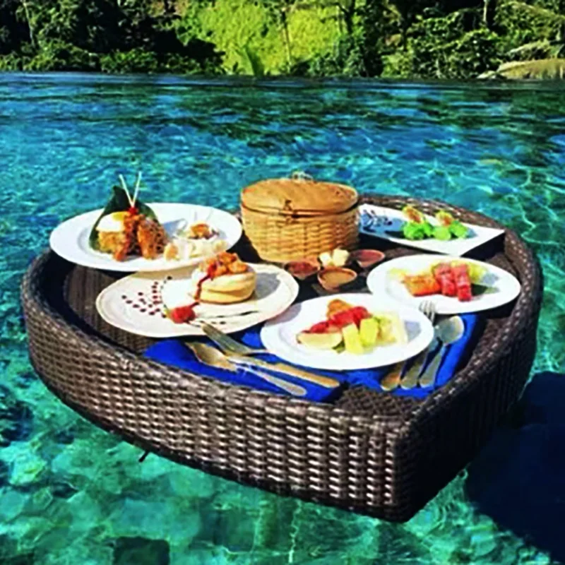 Heart Shape Floating Pool Tray with Handles, Food Serving Tray for Pool Parties, Rattan Party Serving Tray for Drinks, Food