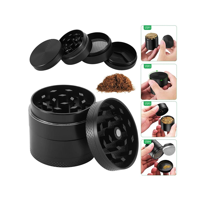 Wholesale custom herbal grinder metal zinc alloy 40mm 50mm 55mm 63mm 4 layers black herb grinder dry spice tobacco grinder
