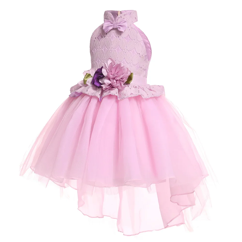 Hanging neck lace bow Embroidered princess pink petals 2019 flower fairy frock model children girl evening dress