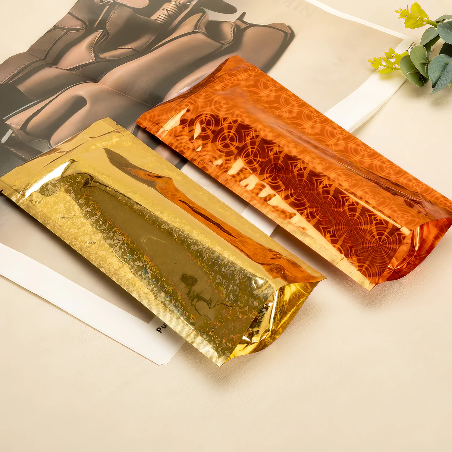 Custom Printed Holographic Stand up Tea Pouches Food Grade Mylar Zipper Packaging Bags with Laser Hologram