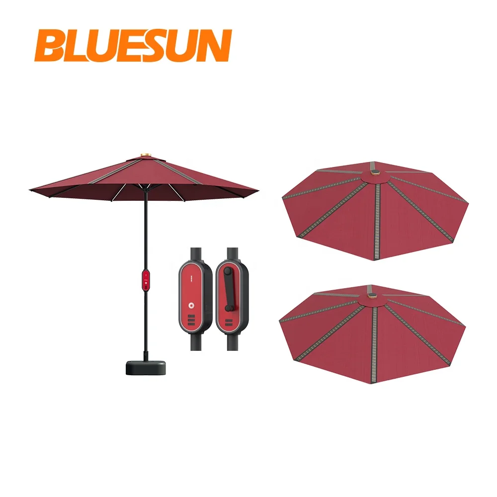 Bluesun waterproof durable single pole solar umbrella 50w photovoltaic garden outdoor umbrella with lithium battery storage