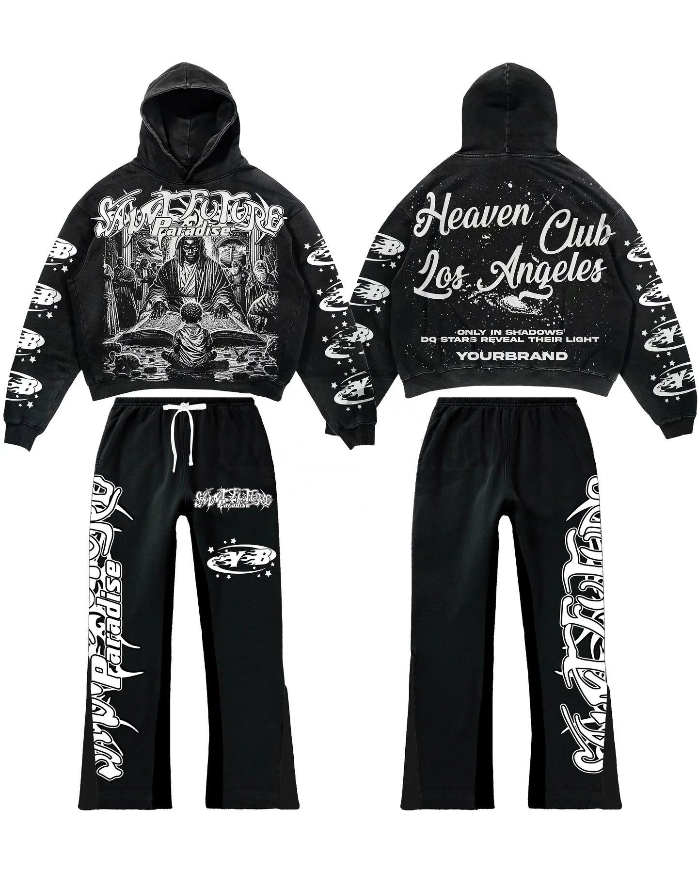 Custom premium unisex vintage 400 gsm sun faded oversized graphic 100% cotton crop streetwear boxy hoodie set