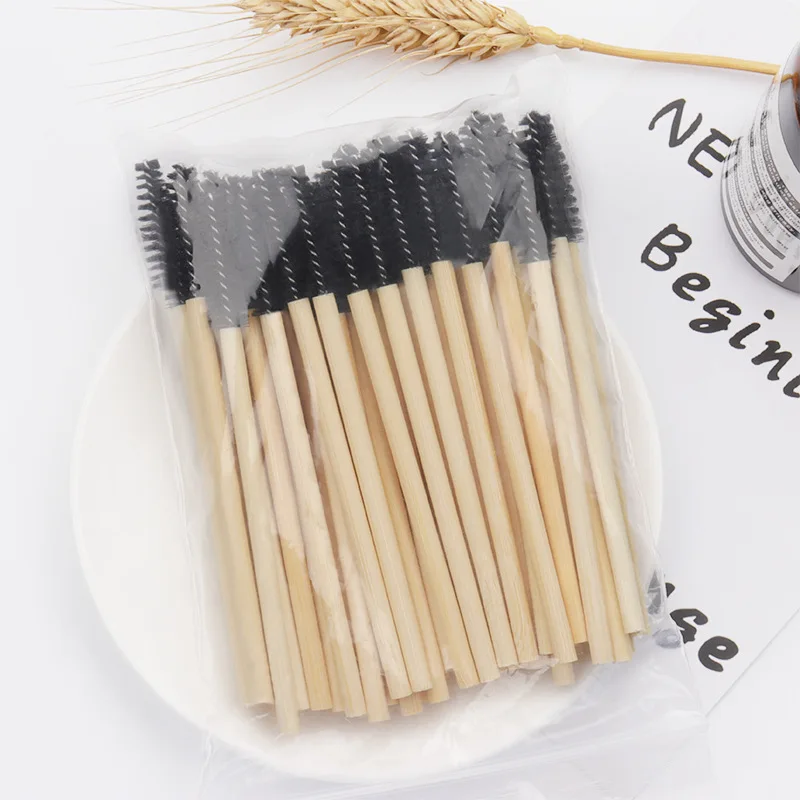 50Pcs/bag Disposable Mascara Wands Wood Handle Disposable Mascara Wands Nylon Fiber Eyelash Brush Eyebrow Bamboo Stick