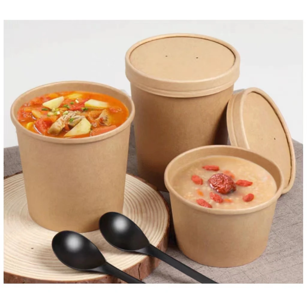 Custom printed disposable  hot soup bowls, kraft paper soup cup/salad Paper bowl with Lid