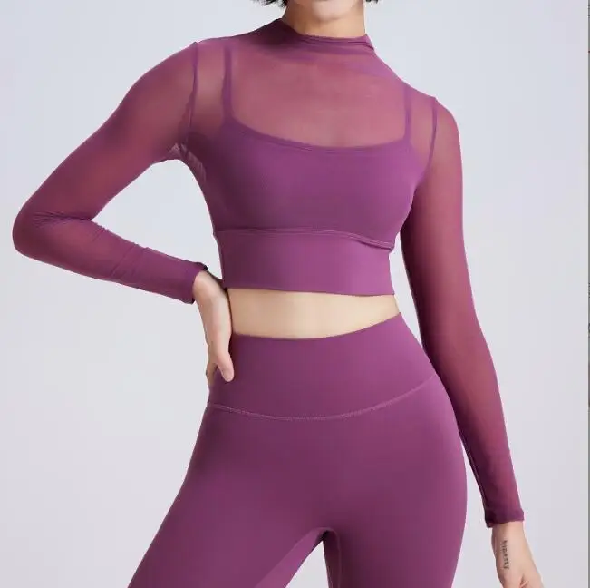 Girl Long Sleeve Yoga Tops Mesh Layer Soft Spandex And Nylon Sport Top Breathable Slim Fit Workout Shirts For Women