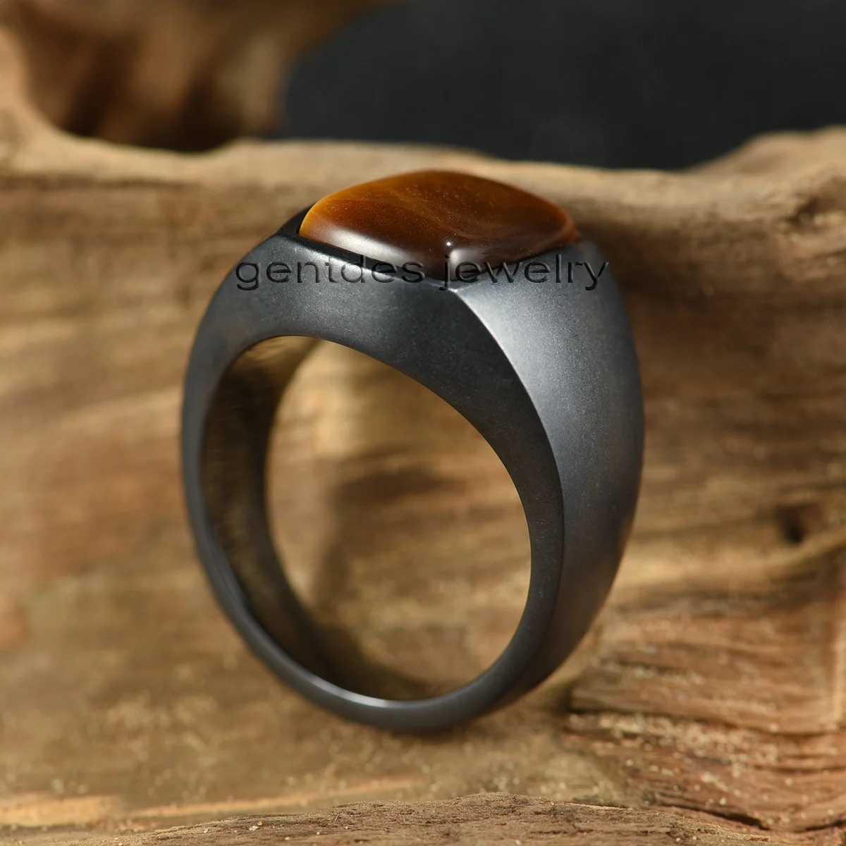 Gentdes Jewelry Black Stainless Steel Signet Ring Yellow Tiger Eye Stone Inlay Mens Signet Ring