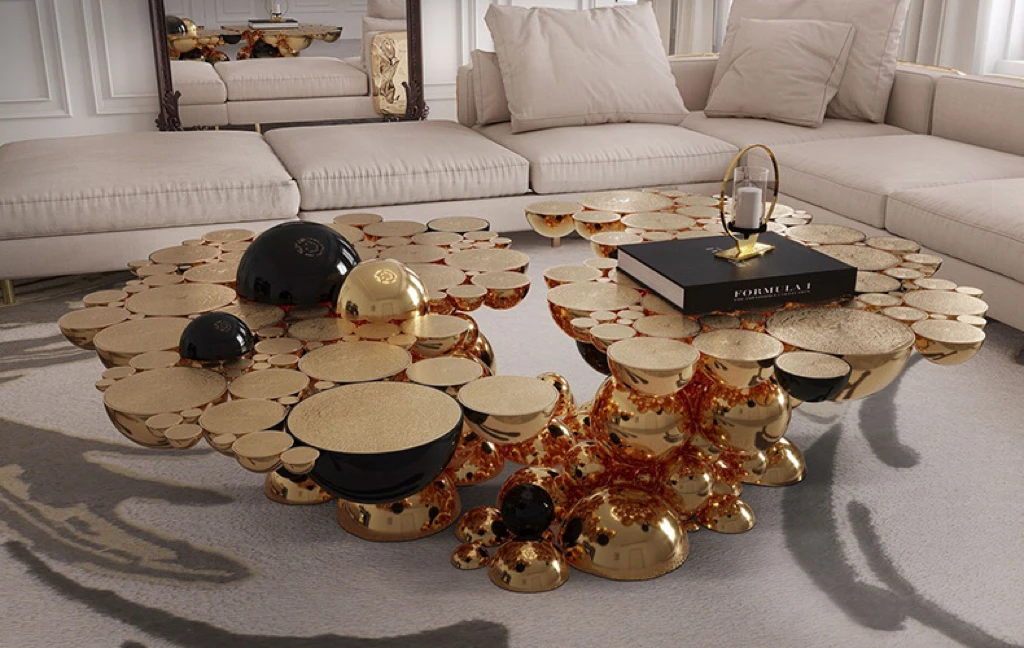 BOCADOLOBO Newton Center Table Art Luxury Irregular Shape Etching Stainless Steel Brass Oval Coffee Table Living Room