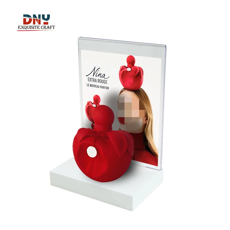 Factory custom simple white acrylic perfume display stand Transparent acrylic advertising picture folder inserted into the base