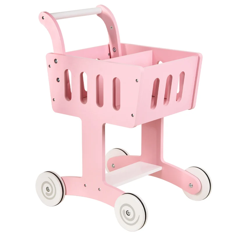 Children baby early education simulation toys wooden pink supermarket shopping cart push walker toy
