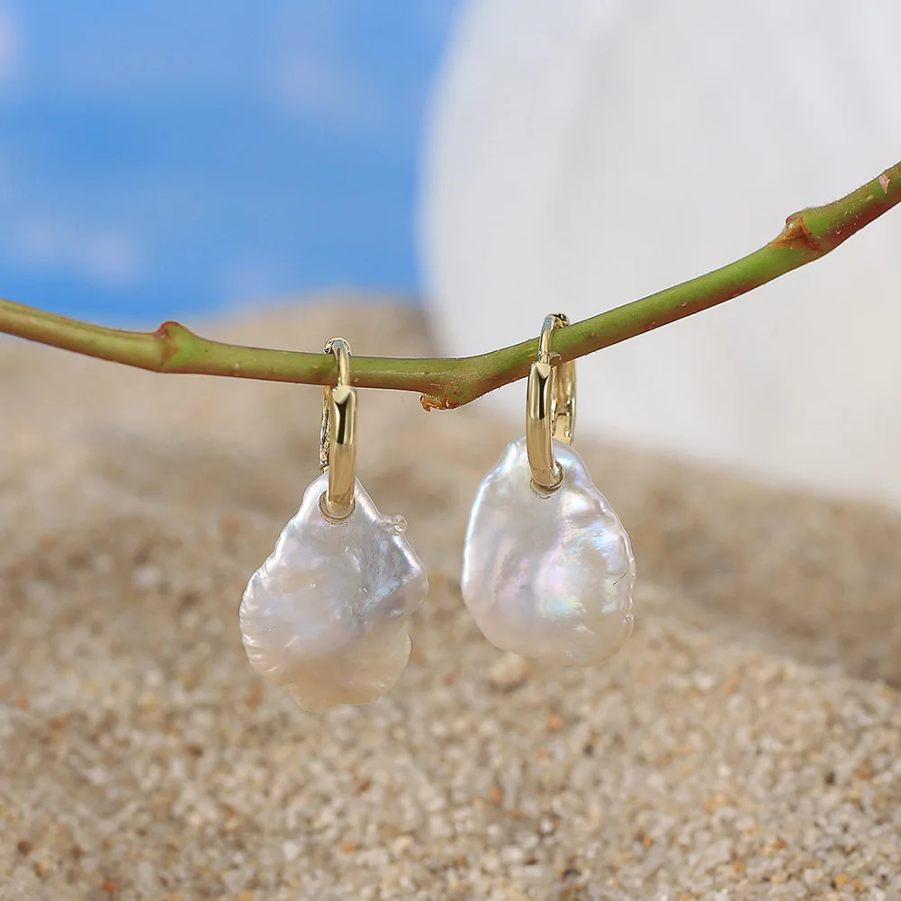 RINNTIN GPE97 Vintage 14K Gold Plate Irregular Baroque Freshwater Pearl Drop Hoop Earrings for Women Pearl Earrings
