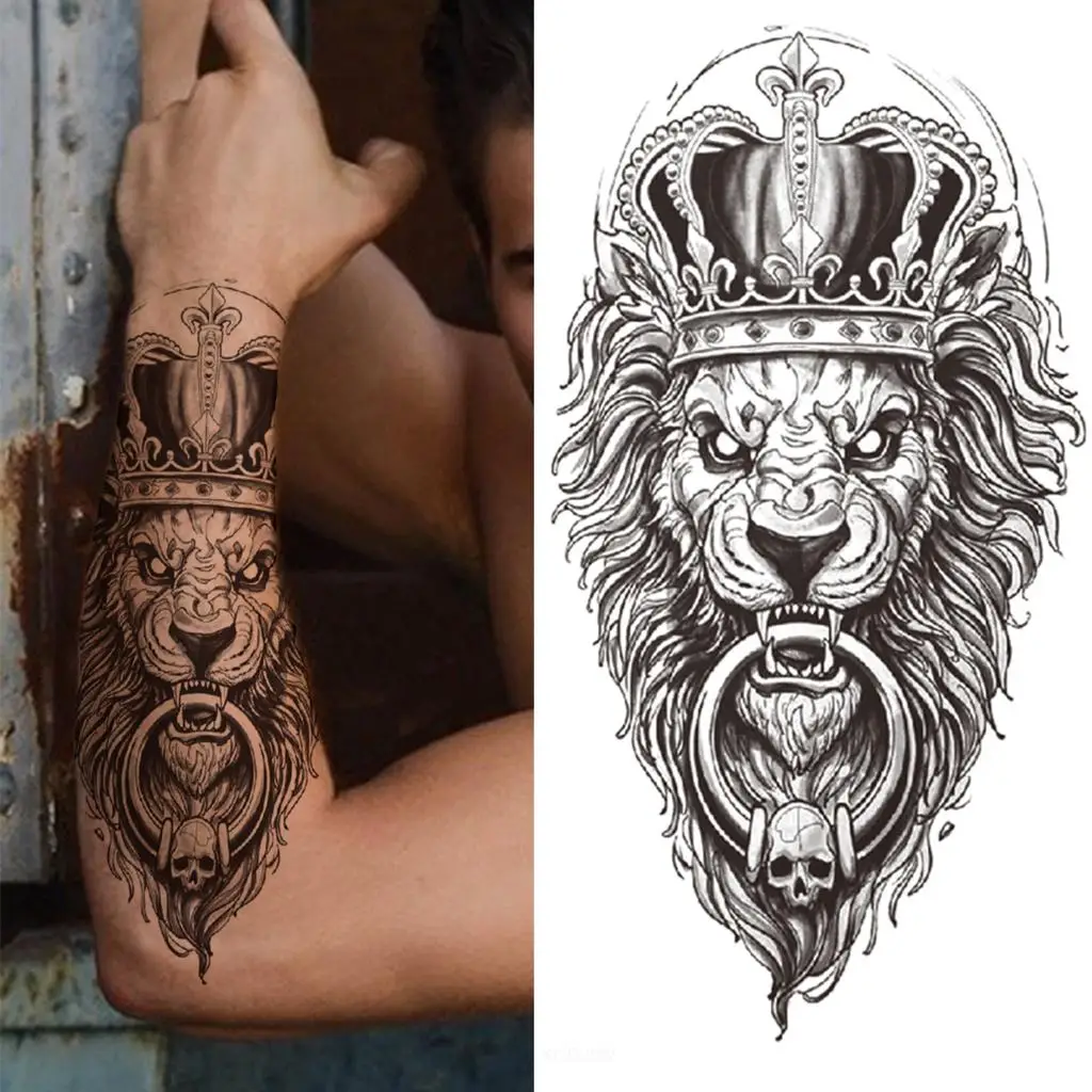 Animals Temporary Tattoos For Women Men Half Arm Sleeve, 3D Large Tribal Tiger Lion Death Skull Sexy Tattoo Stickers