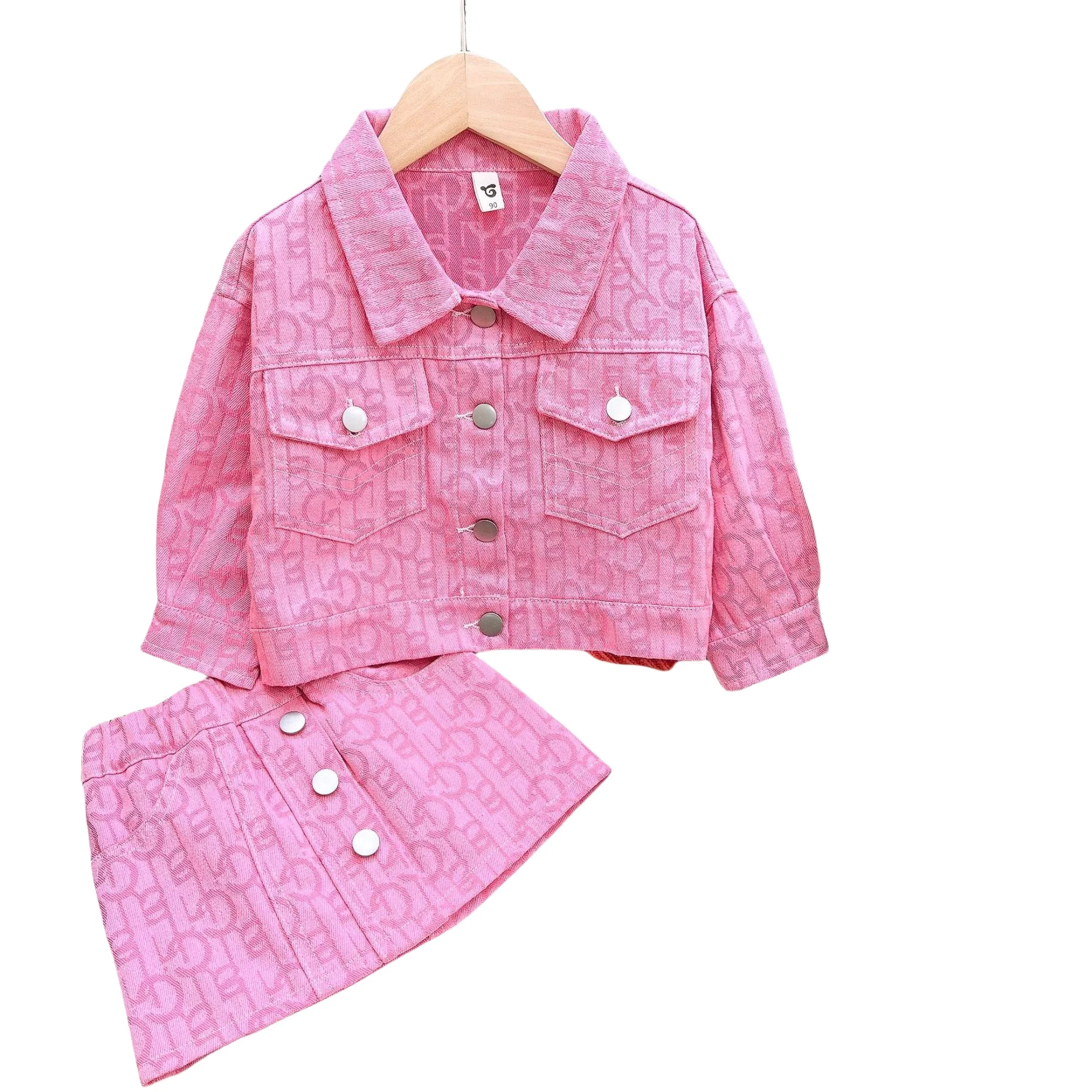 New Wholesale Children Clothing Letter Long Sleeve Denim Jacket Coat Jeans Skirt 2 Pcs Sets Lovely Baby Girls Outfits