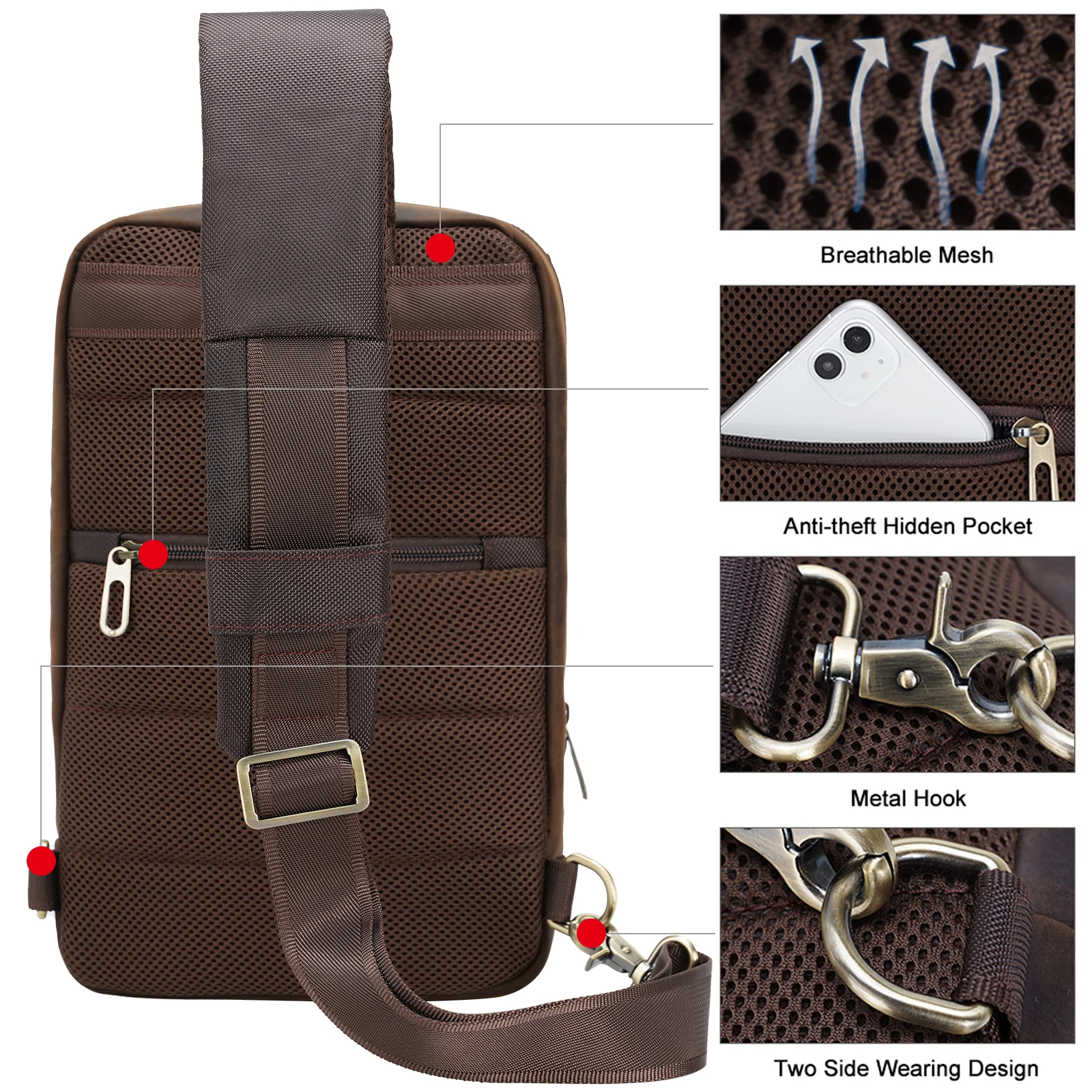 Newest Design Wholesale Durable Genuine Leather Crossbody Bag Crazy Horse Leather Shoulder Bag Real Leather Messenger Chest Bag