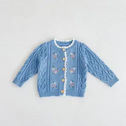 Wholesale Autumn And Winter Baby Girls Sweater Embroidery Flower Cardigan 100%Cotton Kids Sweater Outwear Coat