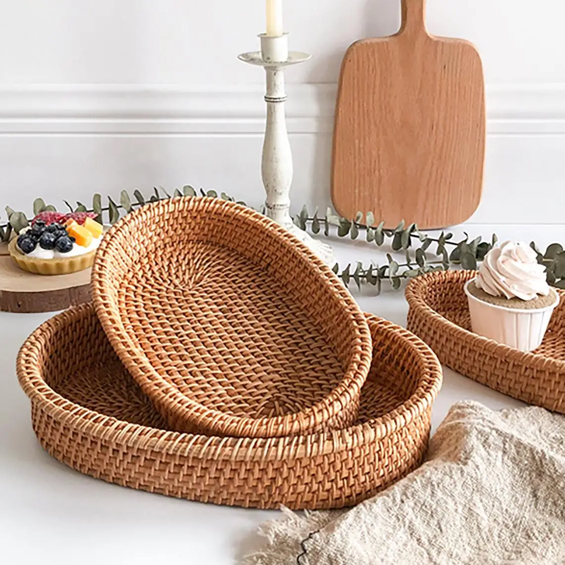 High quality Luxury Set of 3pcs Oval Rattan Trays Storage Tray for Kitchen Livingroom Dinner Table from Vietnam Handmade Factory