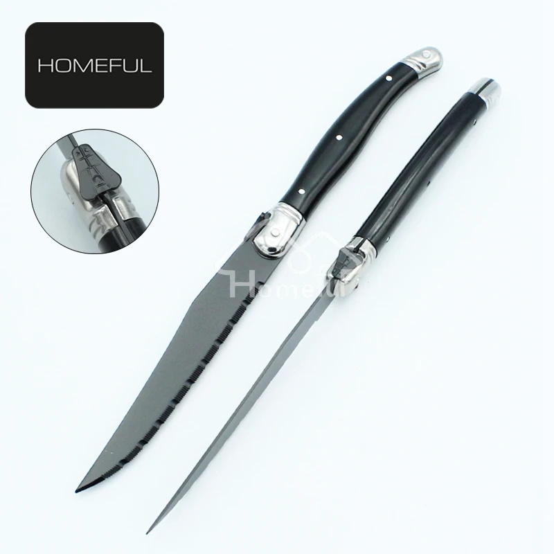 New collection laguiole steak knife set with black coating serrated blade and ABS handle