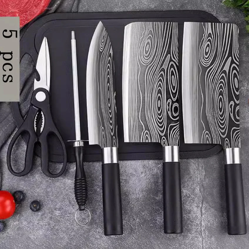 5 in 1 3Cr13 Stainless Steel Damascus Knife Set Chef Butcher Fruit Bone Knife For Household Kitchen With Holder Base