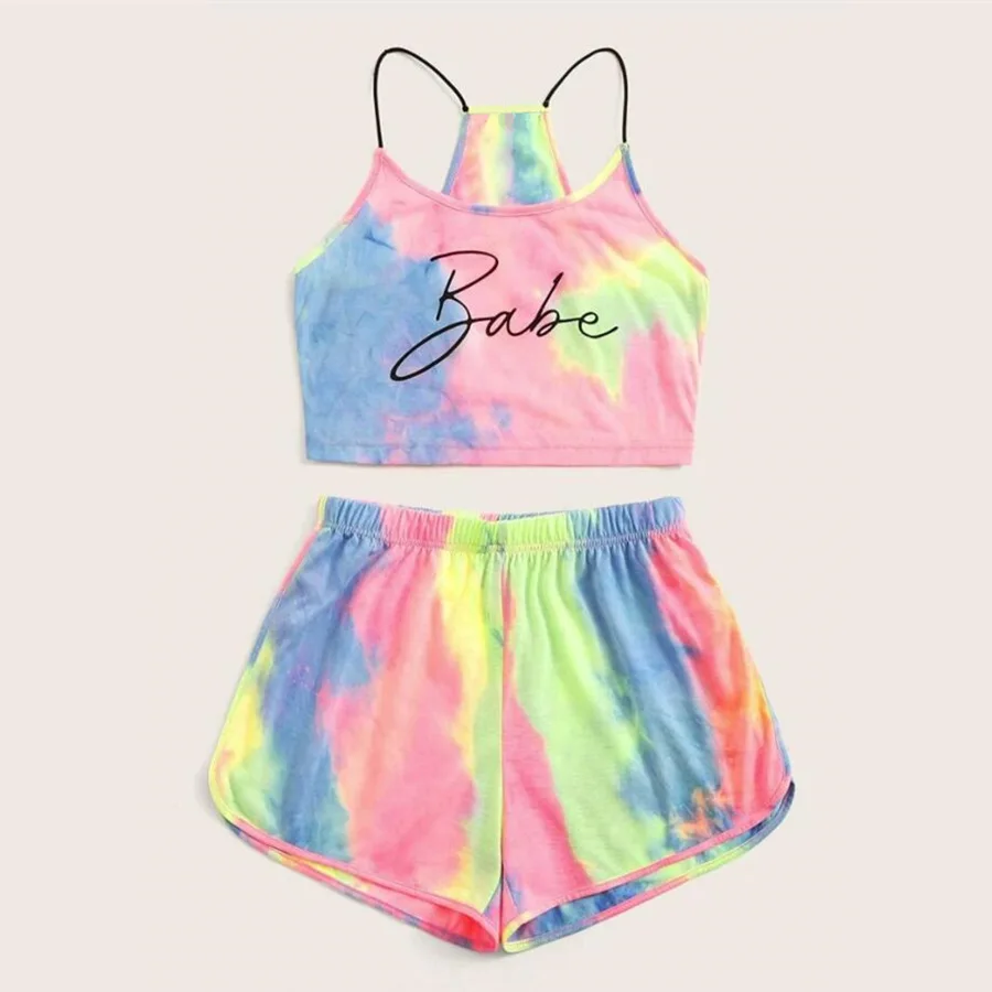 Summer 2021 New Tie Dye Letter Printing Tank Outfits Women Sexy Crop Top Shorts Two Piece Set
