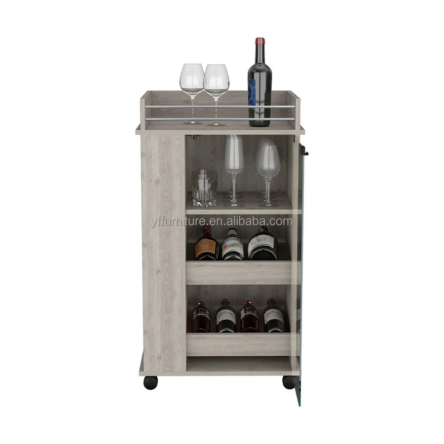 High Quality   Kitchen Pantry Bar Cart with Casters, Glass Door, 2 Inner Shelves, and 2 Side Shelves