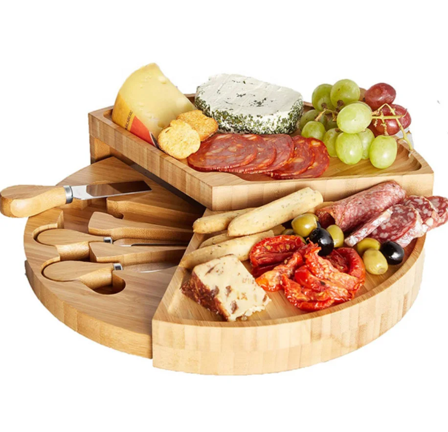 Charcuterie Platter Serving Tray With Slide-out Drawer for Wine Crackers Brie Meat Round Bamboo Cheese Board and Knife Set