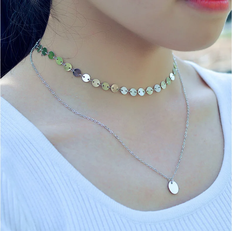YongZe fashion jewelry women accessories double layer alloy round coin pendant choker necklace