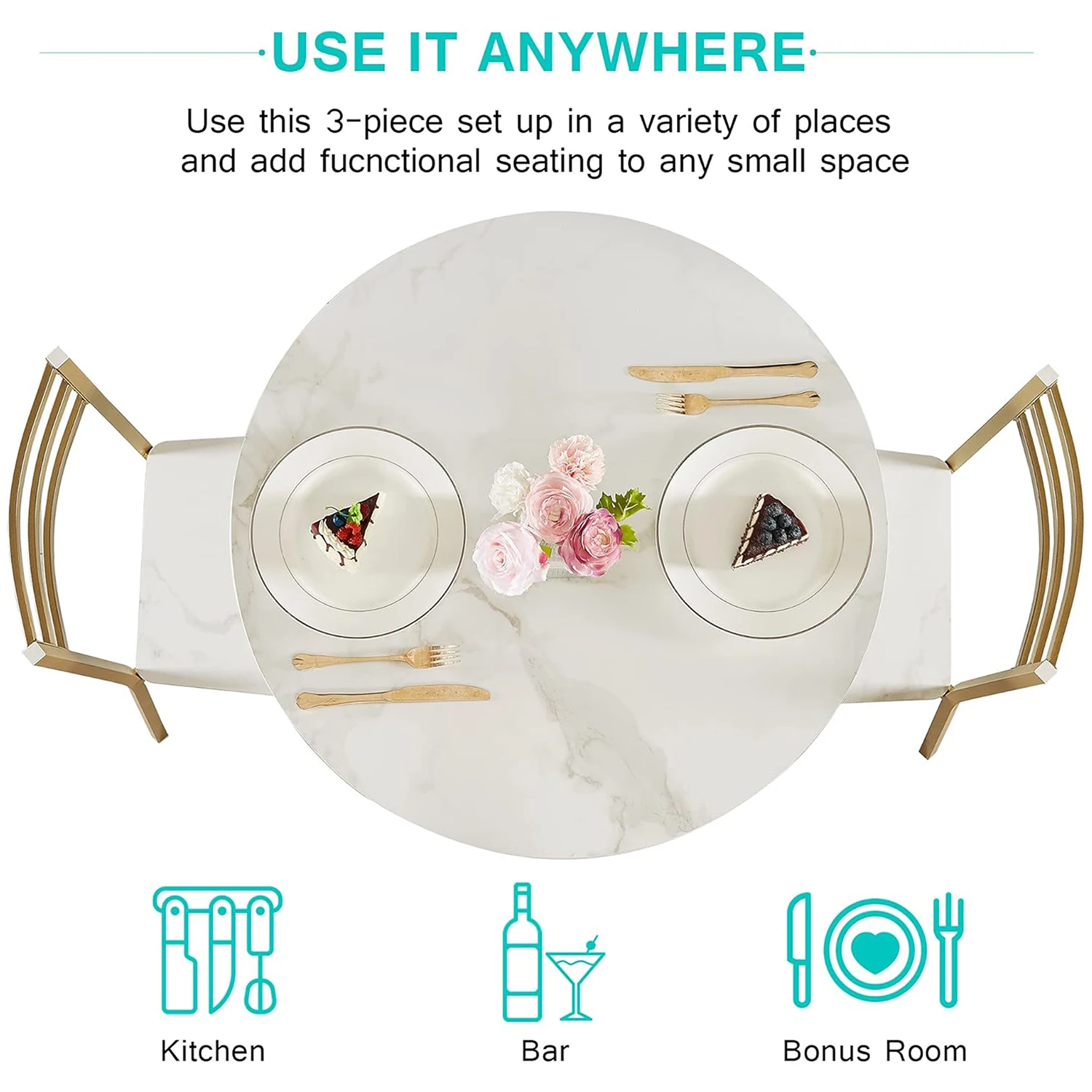 3pcs Kitchen Furniture Set Modern Faux Marble Round Dining Table with 2 Upholstered Chairs for Small Space