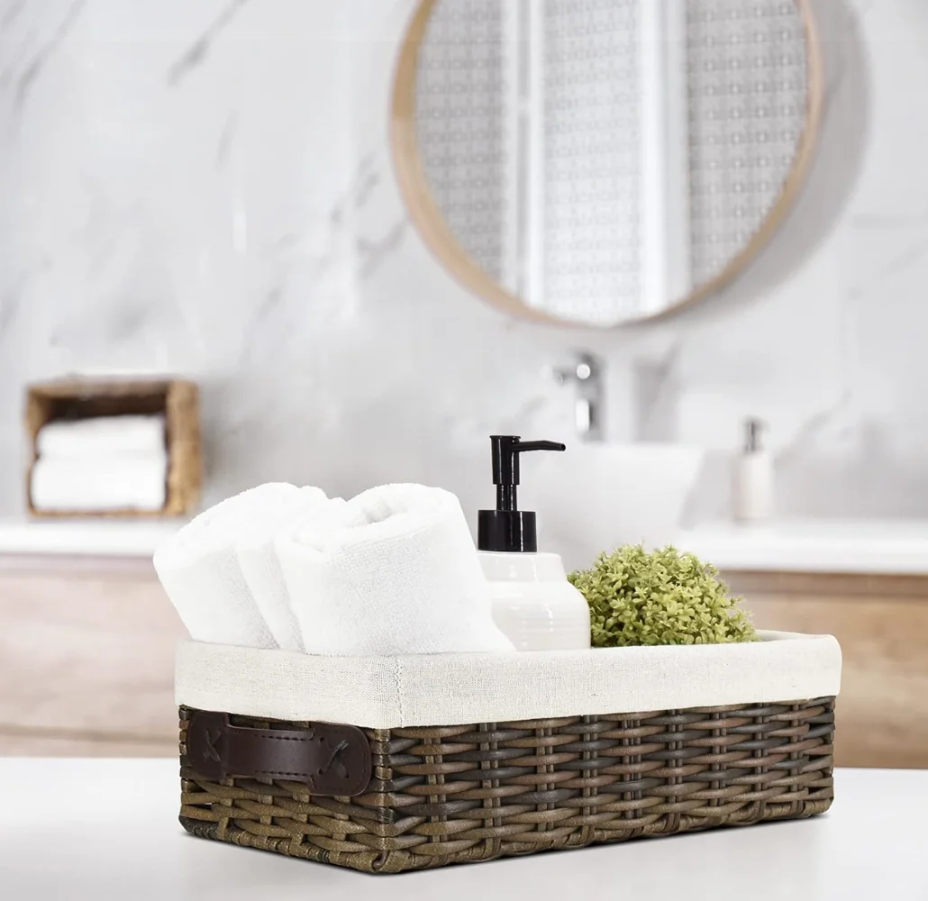 Wholesale Rectangle Handmade Woven Bathroom Tray PP Rattan Plastic Storage Bins Toilet Storage Basket