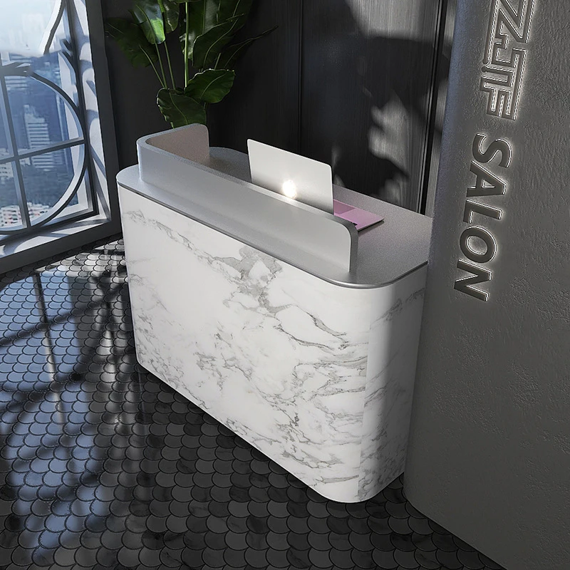 Paint Salon Beauty Reception Counter Laminate Silver Curved Luxury 1 Piece Reception Desk Wood Office Furniture Mini Marble