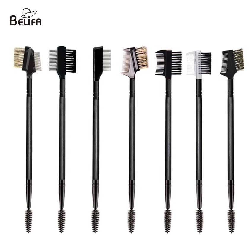 Custom logo eyebrow mascara wand spoolie brush double end wooden handle lash and eyebrow comb eyelash brush with brow groomer