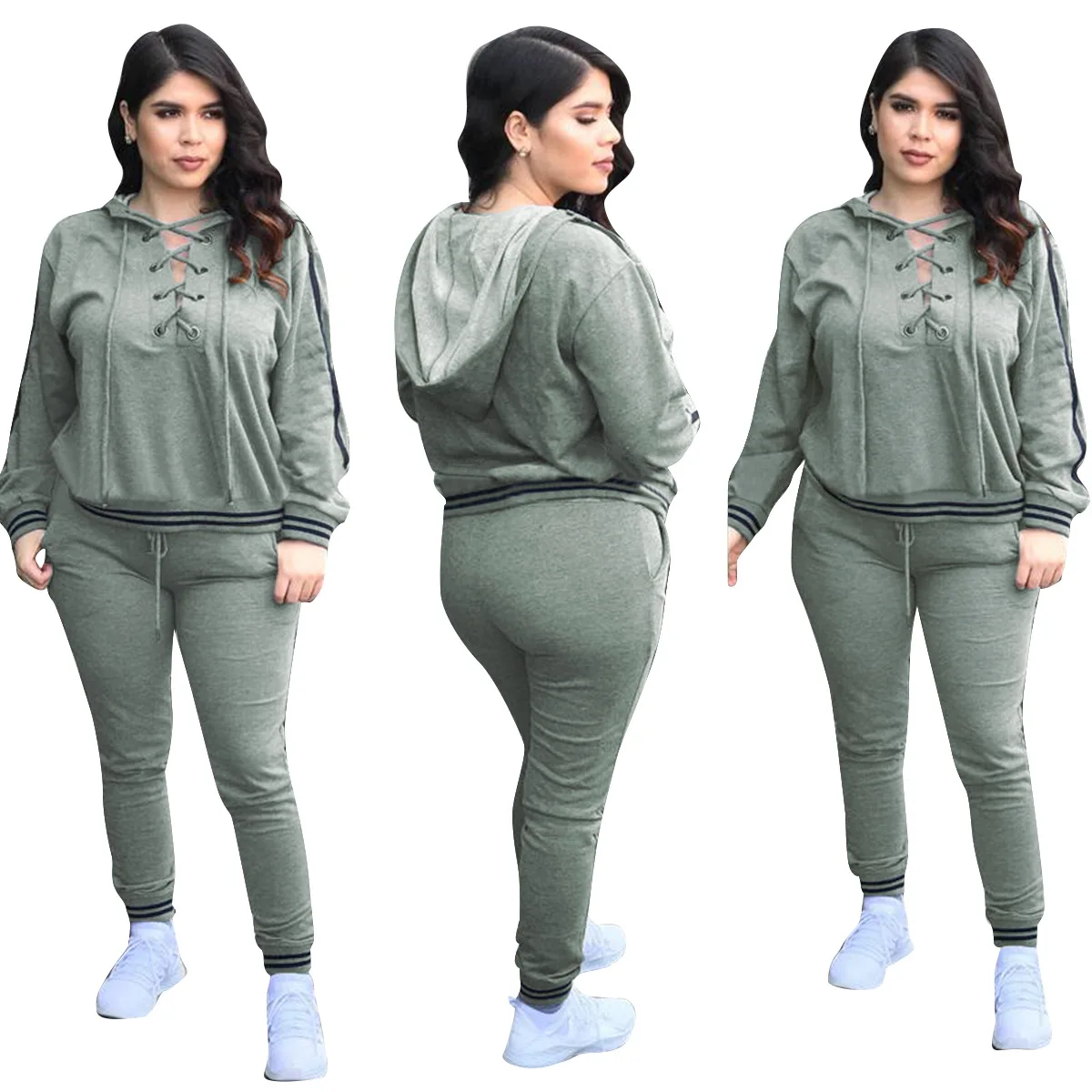 
Fashwell A7537L solid color long sleeve bandage hat fashion casualwomen autumn and winter two piece pants suit 
