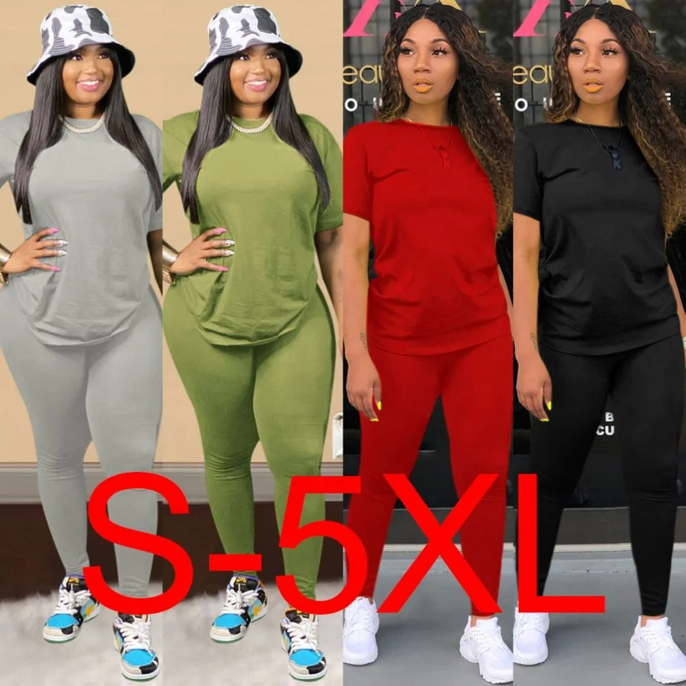 
Hot Selling Solid Color Cotton Two Piece Sets For Mature Female Lounge Wear Sets Round Neck Short Sleeve Women Sets 2020 