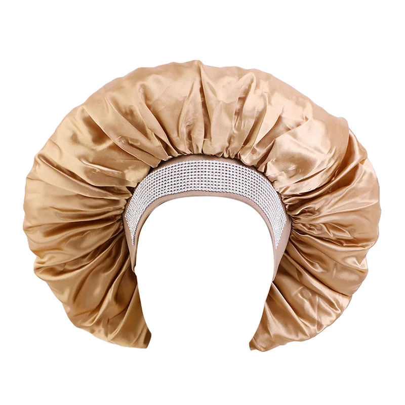 Shiny Rhinestone Satin Hair Bonnet Large Size Silky Bling Diamond Sleep Cap Elastic Wide Brim Jumbo Braid Night Hat