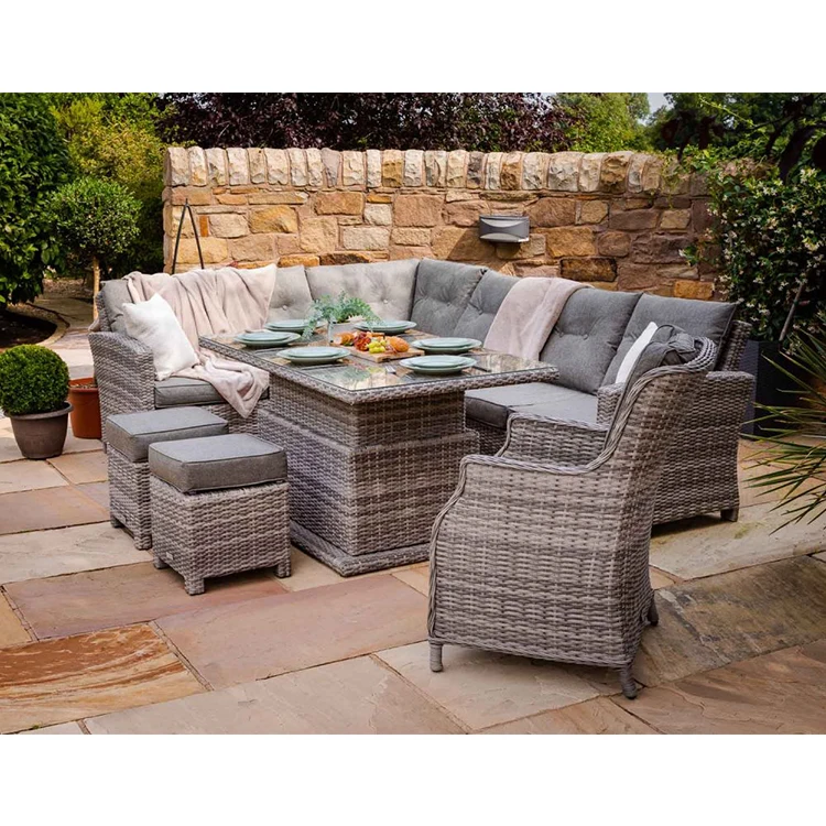 AJUNION Outdoor Rattan Garden Furniture Sectional Corner Sofa Patio Set with Adjustable Dining Table