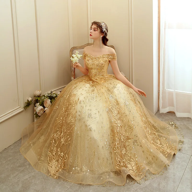 Flower Embroidered Banquet Shiny Sequins Plus Size Evening Gowns Long Dress Off Shoulder Gold Wedding Dresses Ball Gown